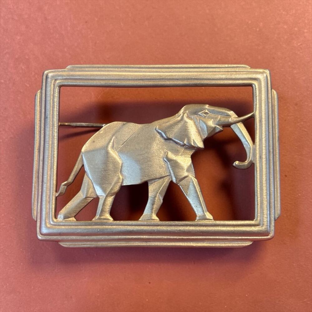 Vintage JJ Gold Elephant Brooch Geometric Art Deco Safari Statement Pin